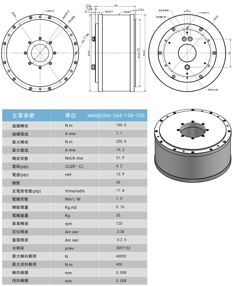 直驅電機旋轉臺：WN062RA-264-138-250